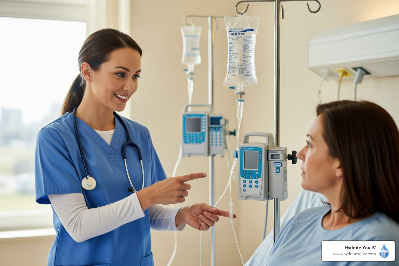 friendly nurse explaining IV process - iv fluids for dehydration near me