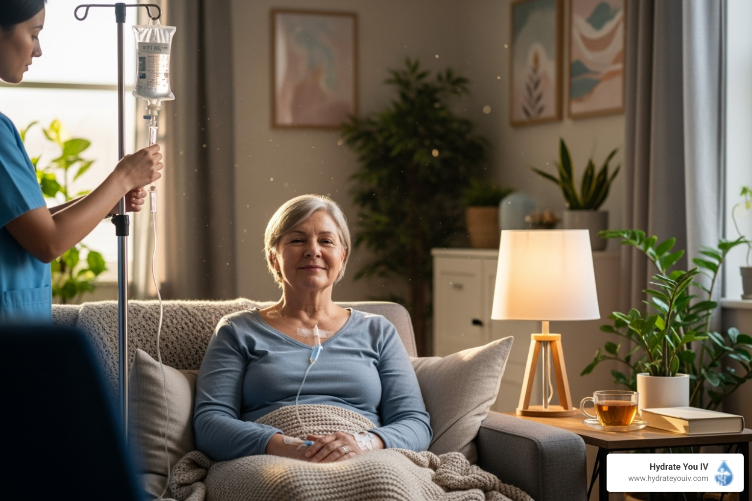 calm person receiving IV drip at home - iv fluids for dehydration near me