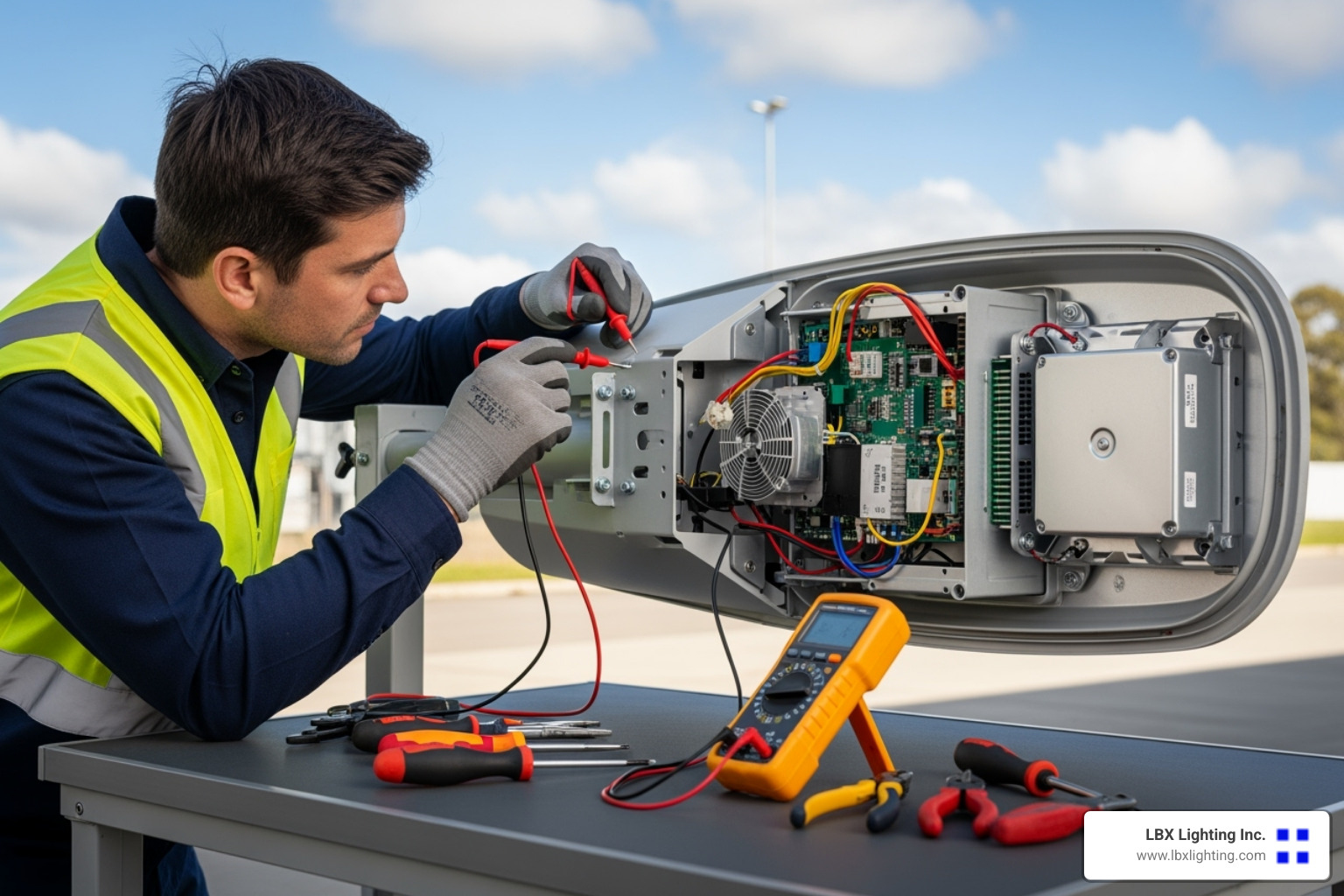 electrician inspecting internal components of light head - parking lot lighting repair