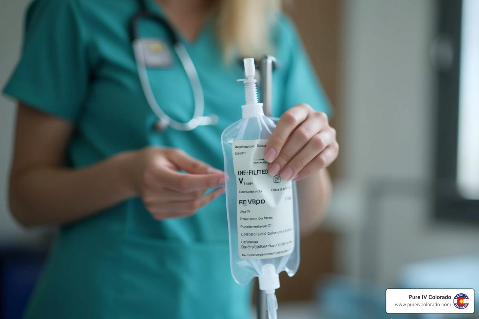 Nurse preparing a customized IV drip bag - Home IV therapy Boulder