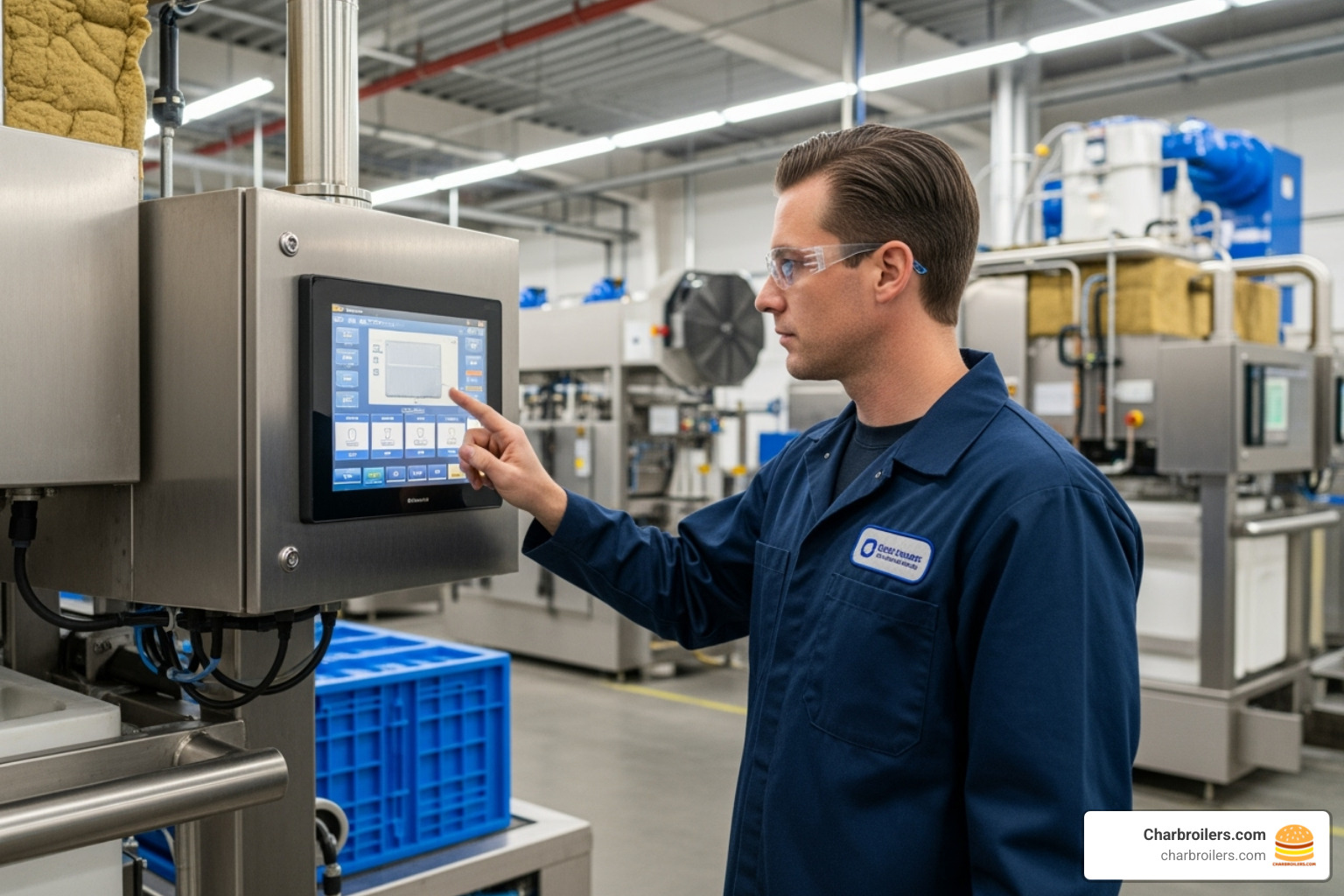 person inspecting the control panel of an ice block machine - commercial ice block making machines for sale