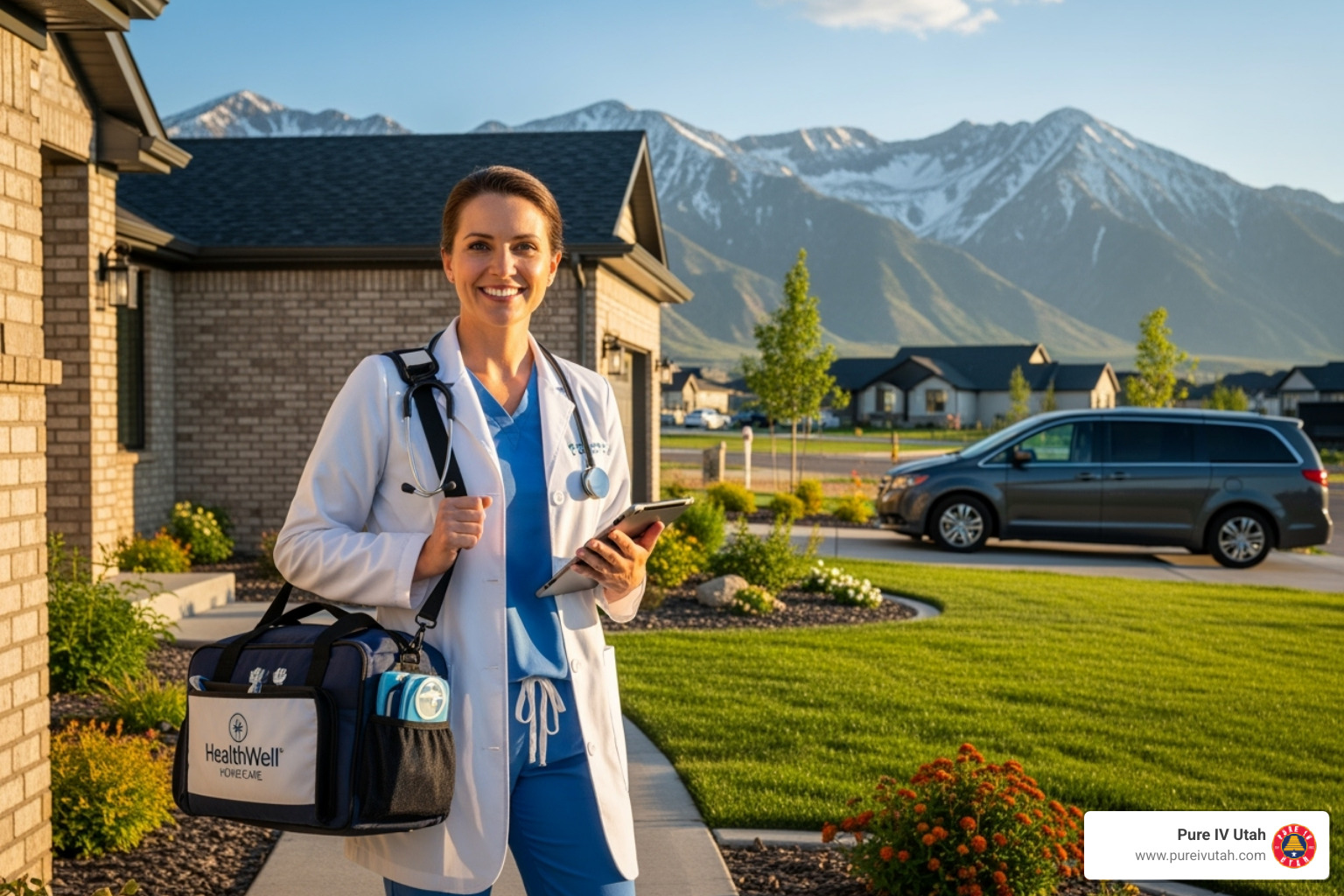 friendly nurse with equipment bag arriving at client's front door in Utah suburban setting - at home vitamin IV