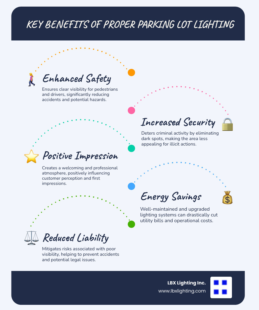 Infographic showing key benefits of proper parking lot lighting: improved safety, increased security, positive business impression, reduced energy costs, and extended fixture lifespan - parking lot lighting repair infographic infographic-line-5-steps-blues-accent_colors