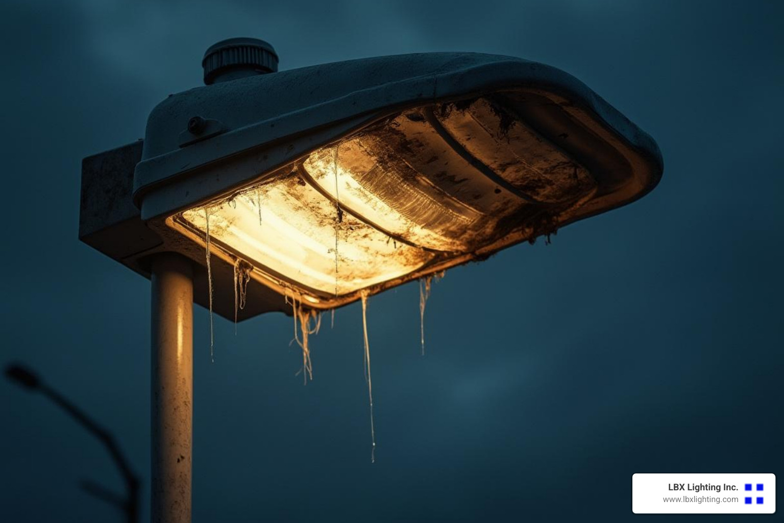 damaged or burnt-out parking lot light fixture - parking lot lighting repair