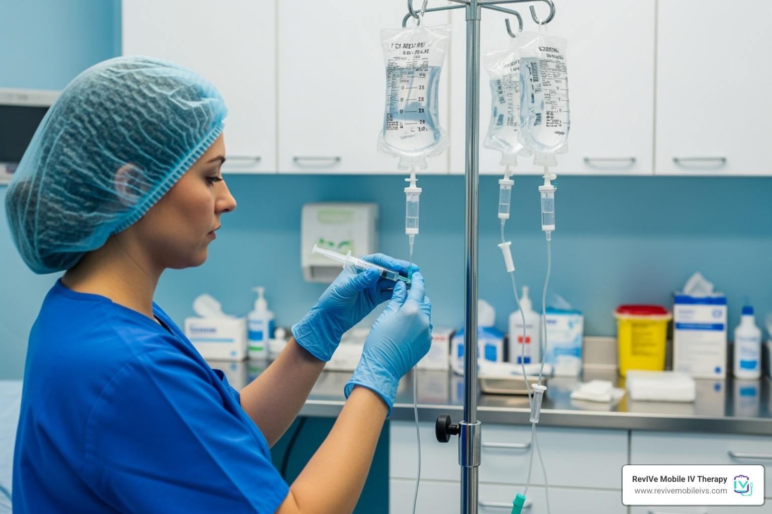 a nurse preparing an IV bag in a clean, professional setting - immune booster drip