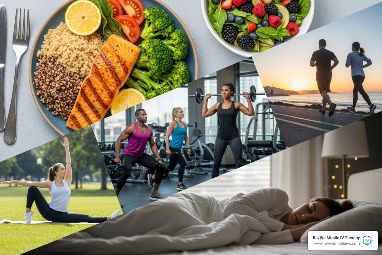 a healthy lifestyle collage including balanced meals, exercise, and good sleep - immune booster drip