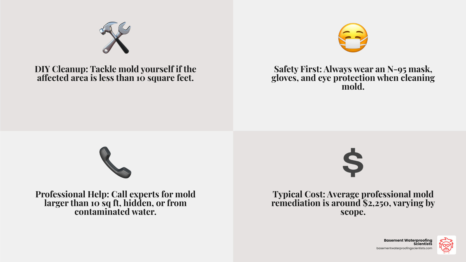 Infographic detailing when to DIY mold removal and when to call a professional, including typical costs and key factors for each scenario. - black mold removal near me infographic 4_facts_emoji_grey