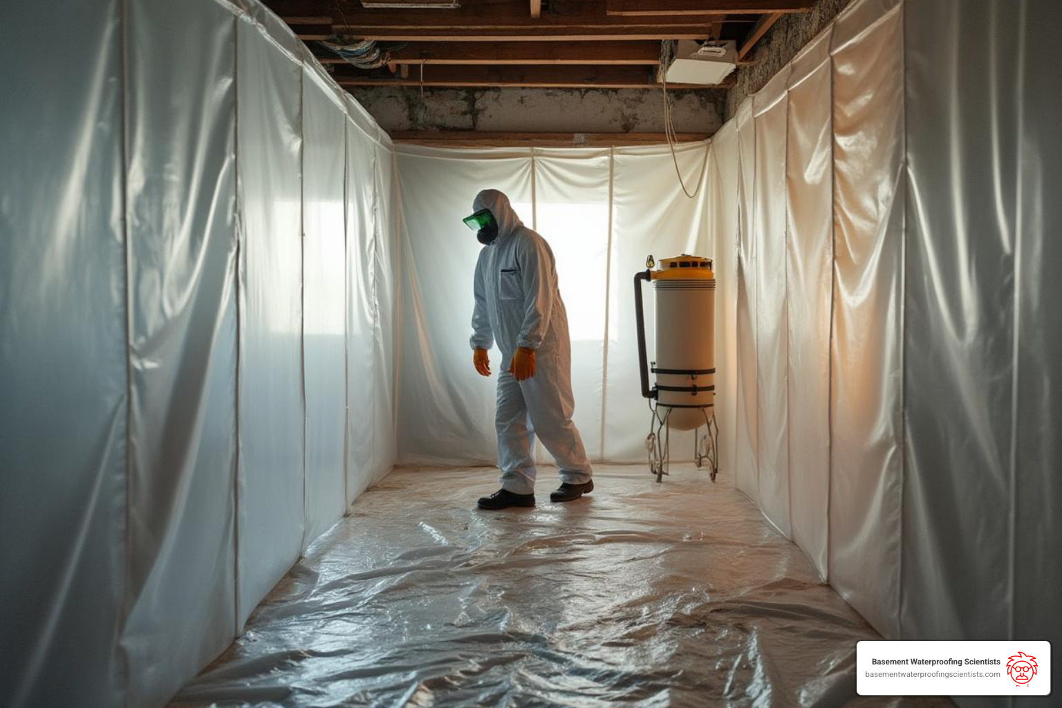 A professional containment zone with plastic sheeting and a negative air machine during mold remediation. - black mold removal near me