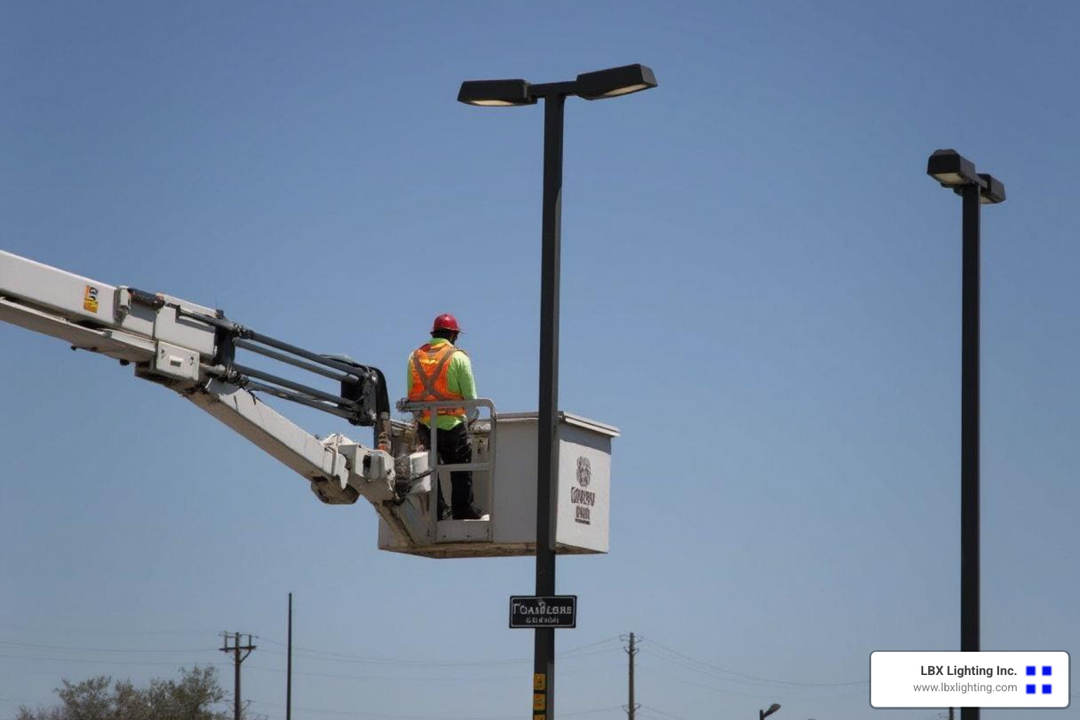 service technician in a bucket truck working on a tall light pole - parking lot lighting repair
