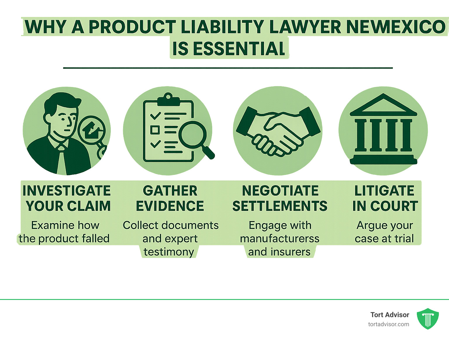 Infographic detailing why you need a product liability lawyer in New Mexico, including key steps like investigating claims, gathering evidence, negotiating settlements, and litigating in court. - product liability lawyer New Mexico infographic 