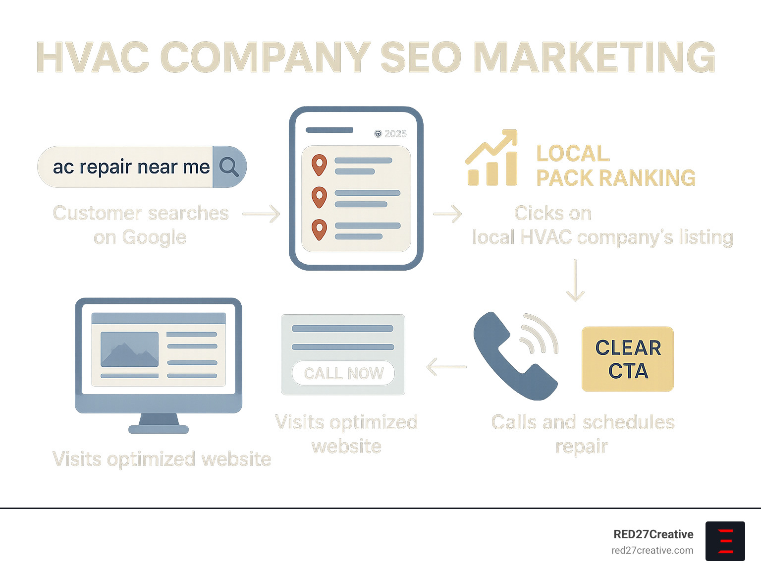 Infographic detailing the customer journey from searching for "AC repair near me" on Google to clicking a local HVAC company's listing, visiting their optimized website, calling for a service quote, and ultimately scheduling a repair, highlighting key SEO touchpoints like local pack ranking, website speed, and clear calls-to-action. - hvac company seo marketing infographic Infographic detailing the customer journey from searching for "AC repair near me" on Google to clicking a local HVAC company's listing, visiting their optimized website, calling for a service quote, and ultimately scheduling a repair, highlighting key SEO touchpoints like local pack ranking, website speed, and clear calls-to-action. - hvac company seo marketing infographic