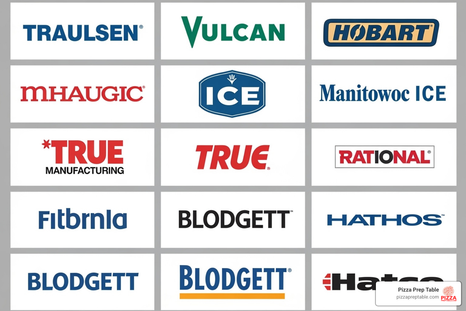 collage of popular pizza prep table brand logos like True, Atosa, and Turbo Air - used pizza prep table collage of popular pizza prep table brand logos like True, Atosa, and Turbo Air - used pizza prep table