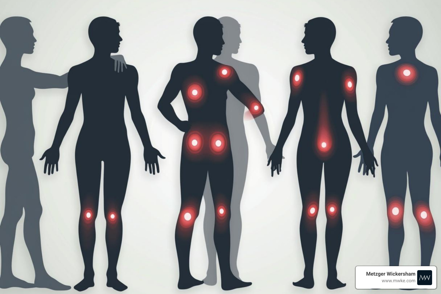 Human silhouette highlighting common pain points for RMI - Repetitive motion injury