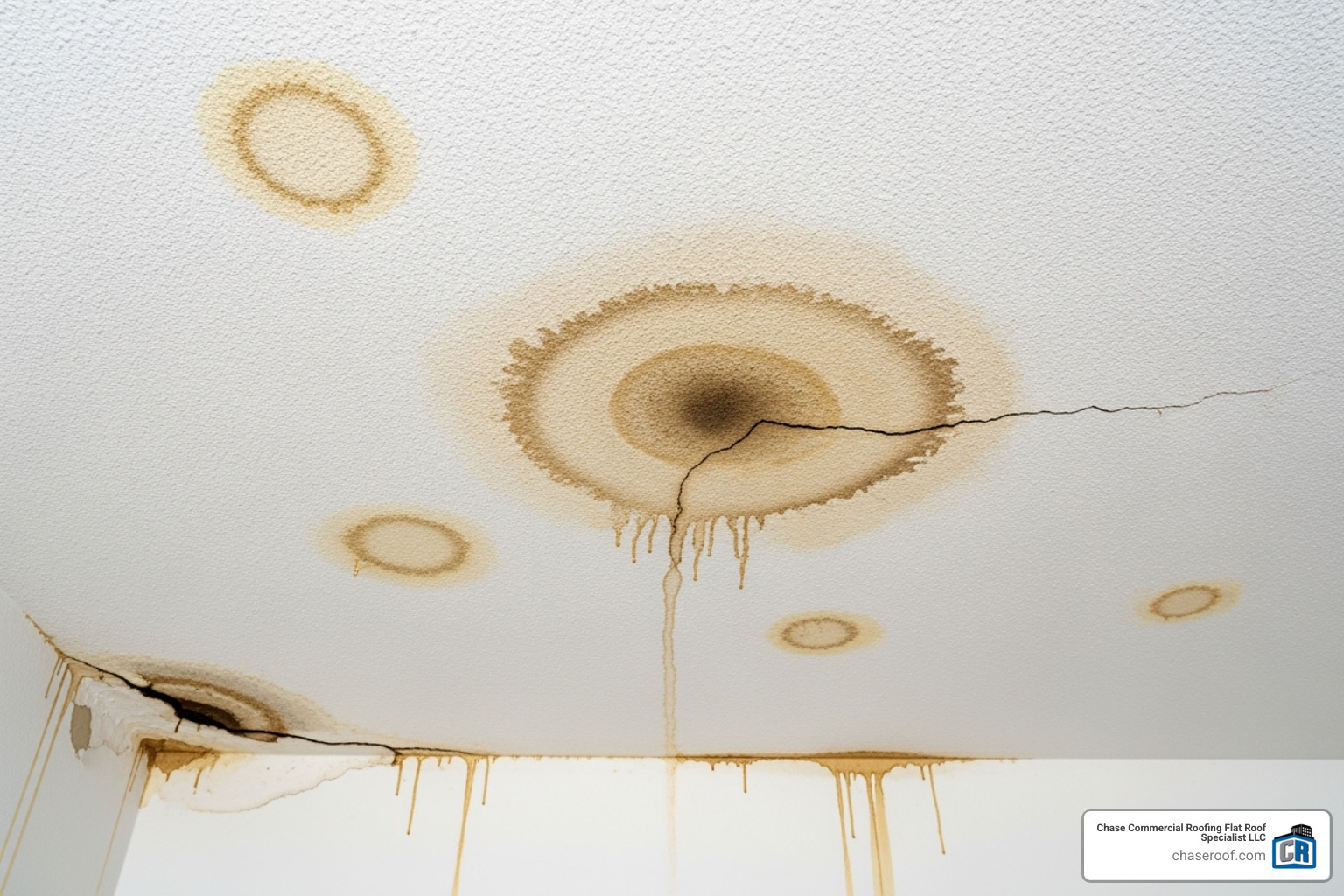 water stains on a ceiling below a commercial roof - repair commercial roof