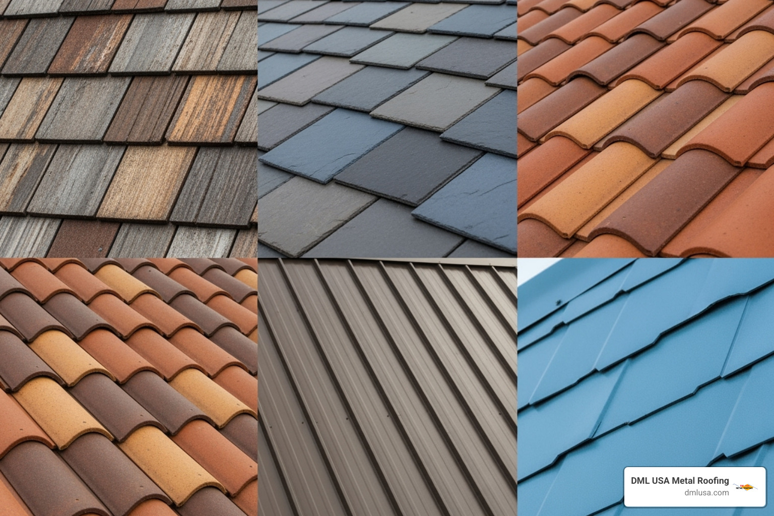 collage showcasing various metal shingle styles (shake, slate, tile) and colors - metal roofing shingles