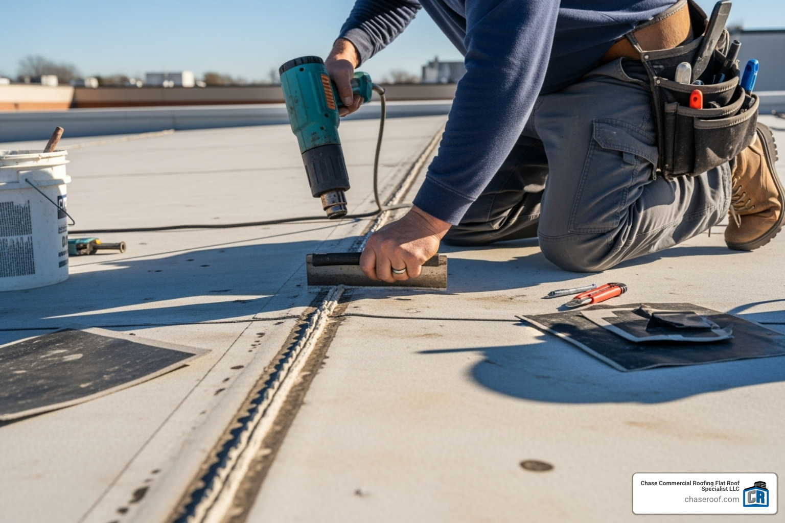 professional repairing a damaged seam on a TPO roof - repair commercial roof