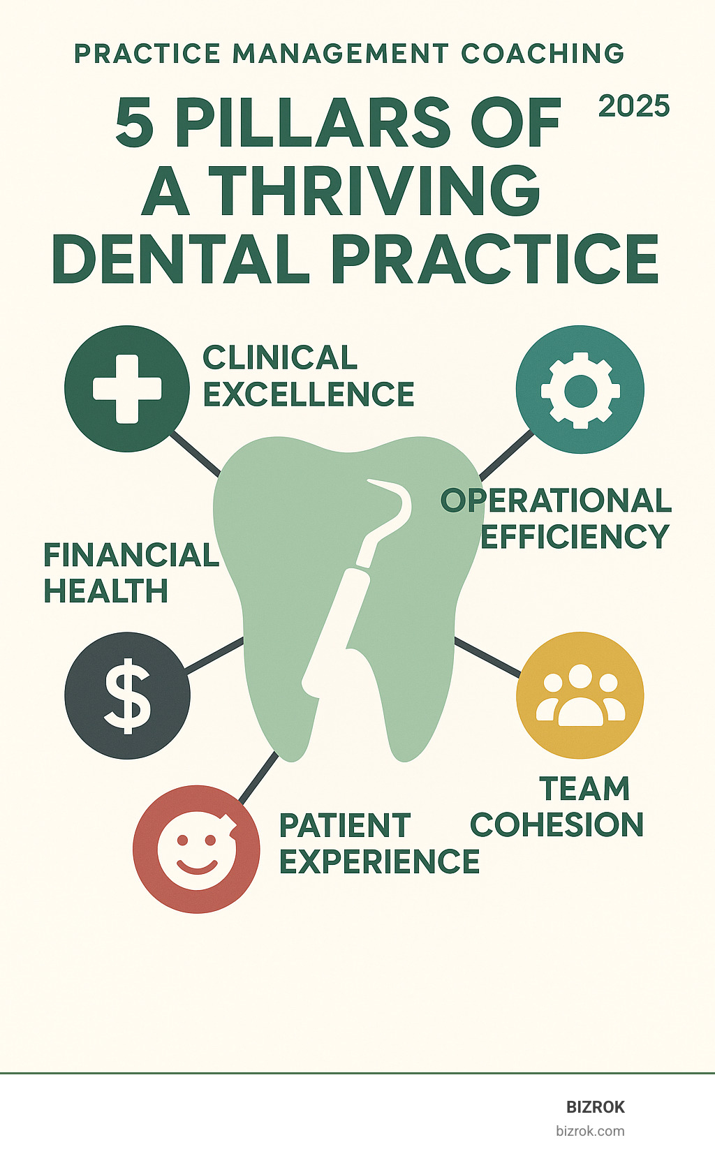 Infographic detailing the 5 pillars of a thriving dental practice: Clinical Excellence, Operational Efficiency, Team Cohesion, Patient Experience, and Financial Health - Practice management coaching infographic 