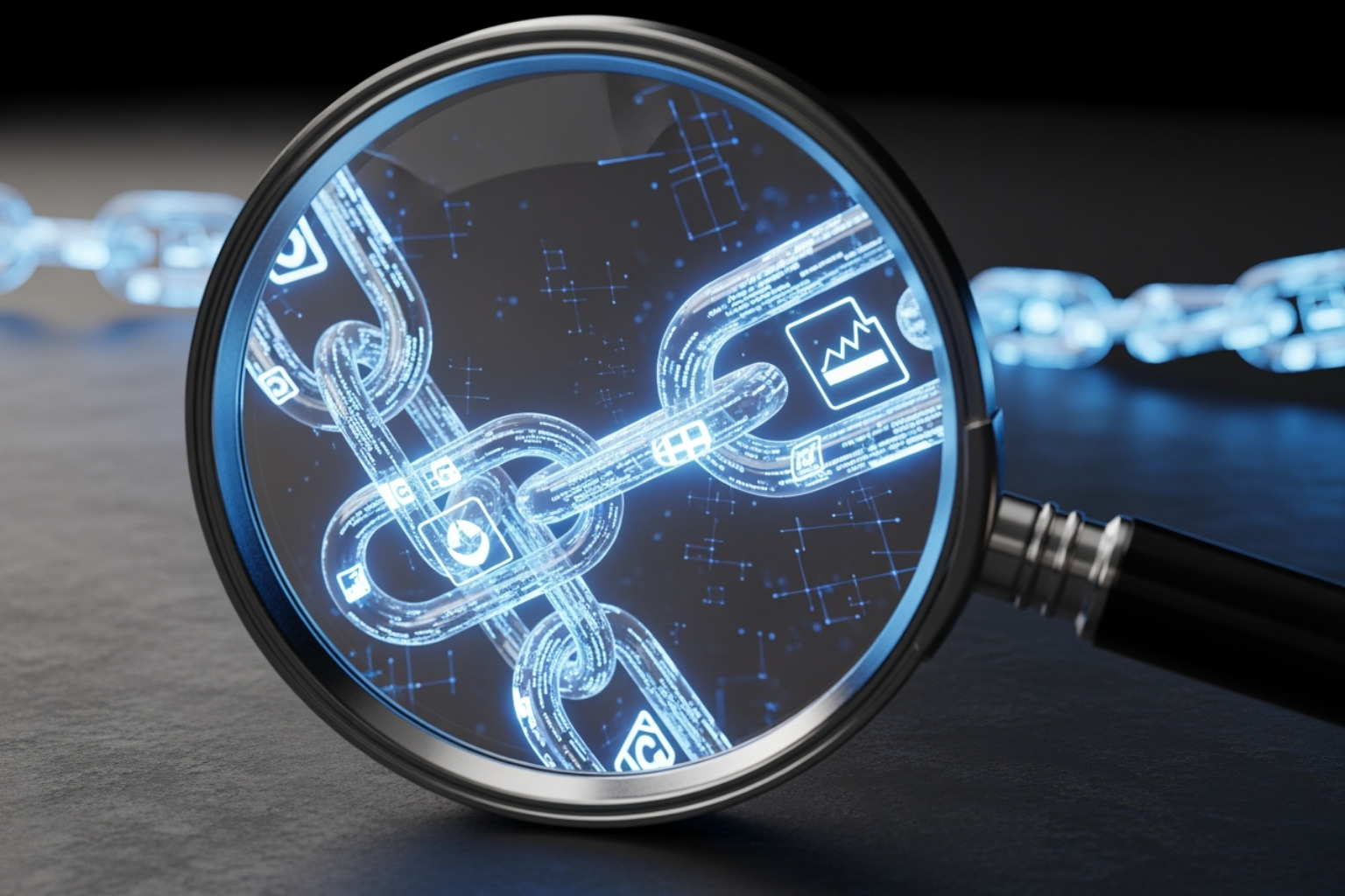 Image of a magnifying glass inspecting a digital link chain - buy backlinks online