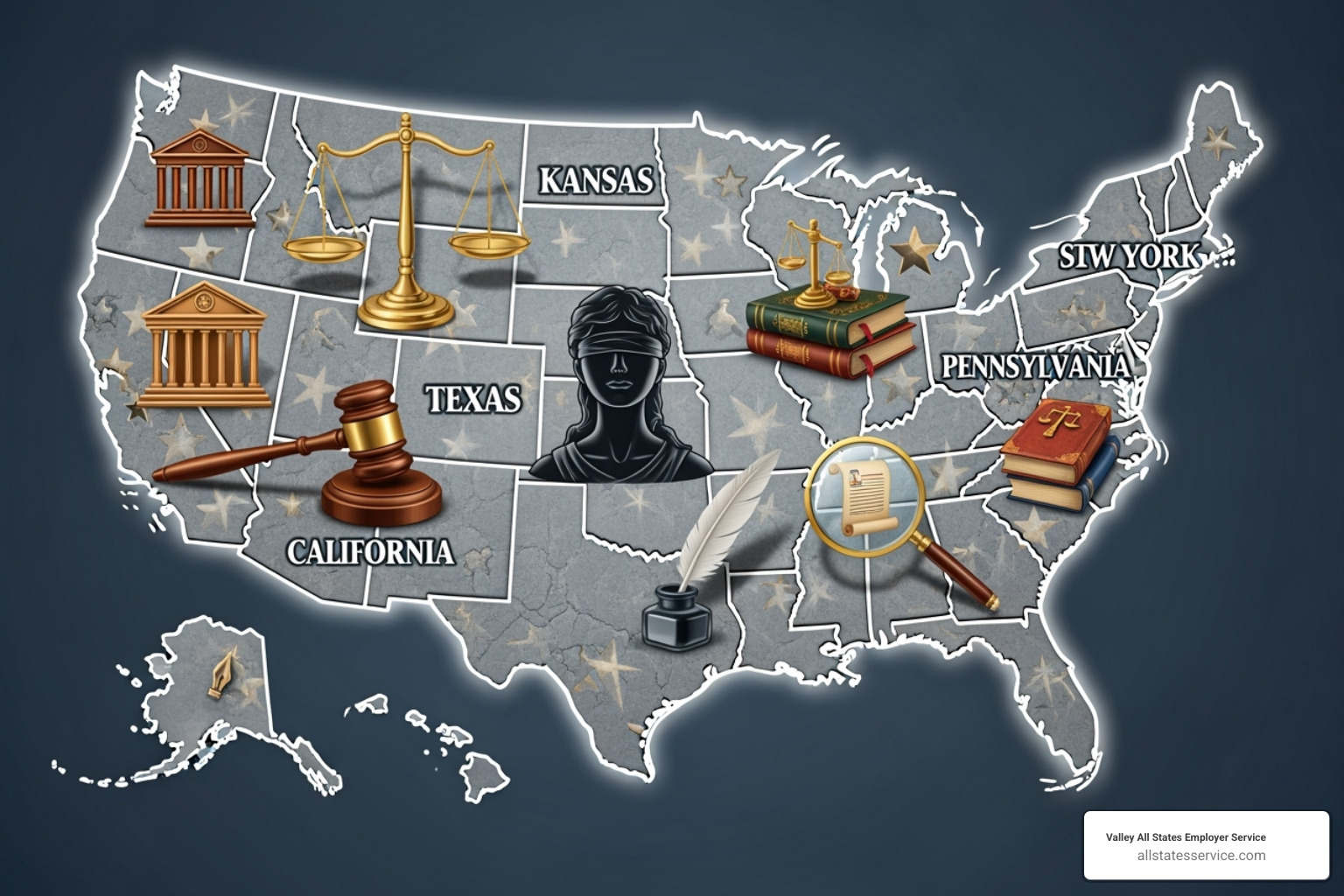 digital map of the U.S. with legal icons over different states - HR compliance assistance