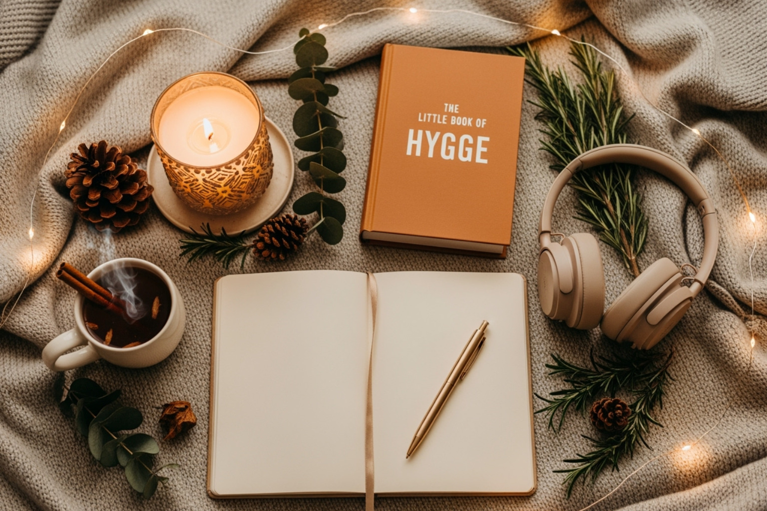 Self-care toolkit with journal, candle, book, and headphones for holiday wellness. - holiday self care