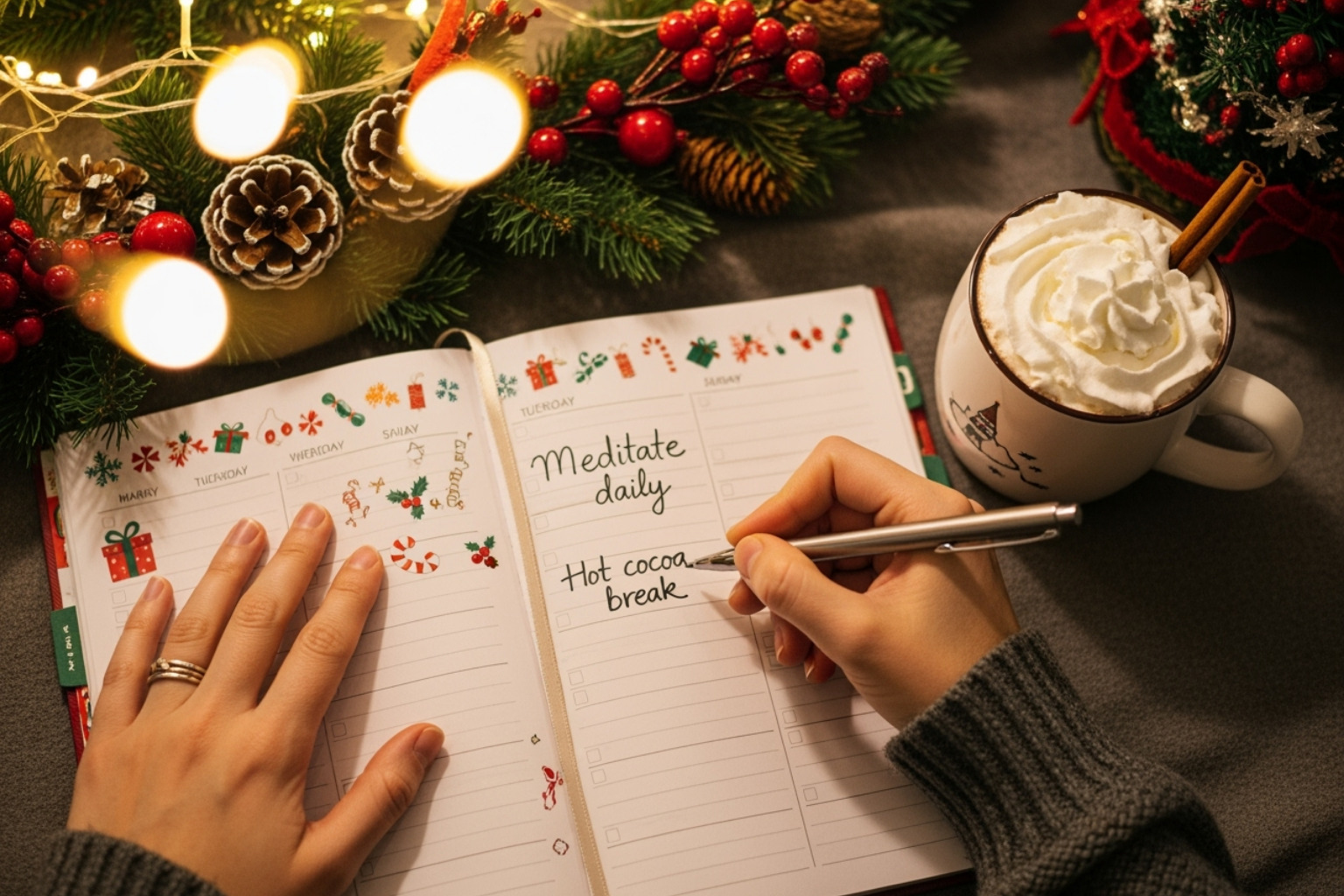 Person scheduling self-care time in a holiday planner. - holiday self care