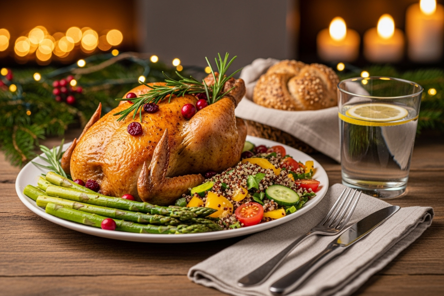 Festive healthy meal and water for holiday self care. - holiday self care