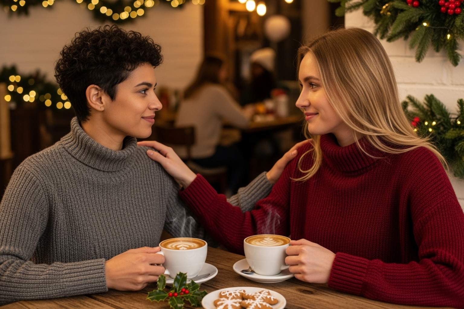 Friends supporting each other during the holidays over coffee. - holiday self care