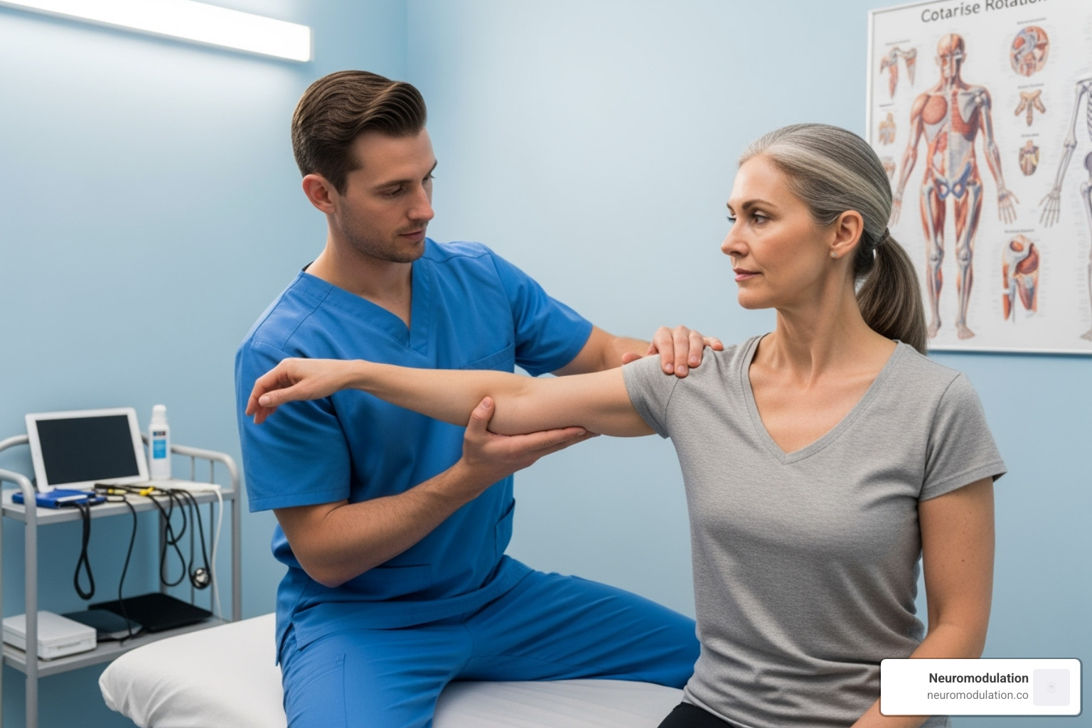 clinician assessing shoulder range of motion - shoulder pain management algorithm