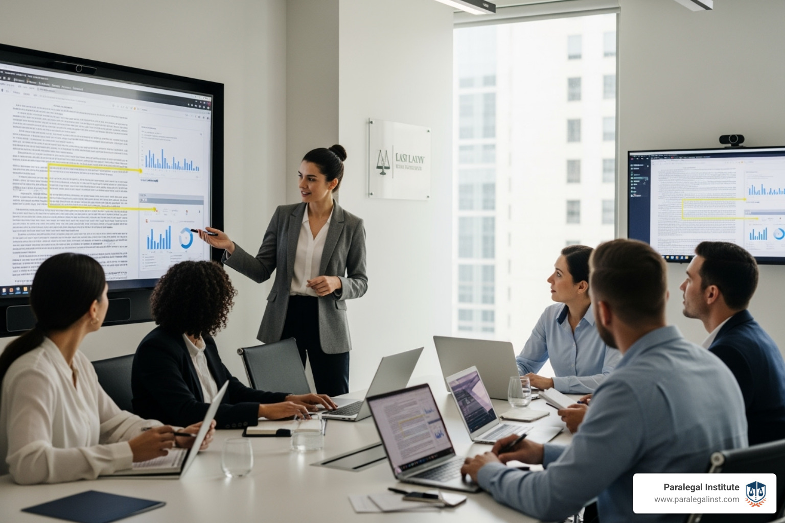 paralegal confidently leading a team meeting with technology integrated in the background - paralegal automation