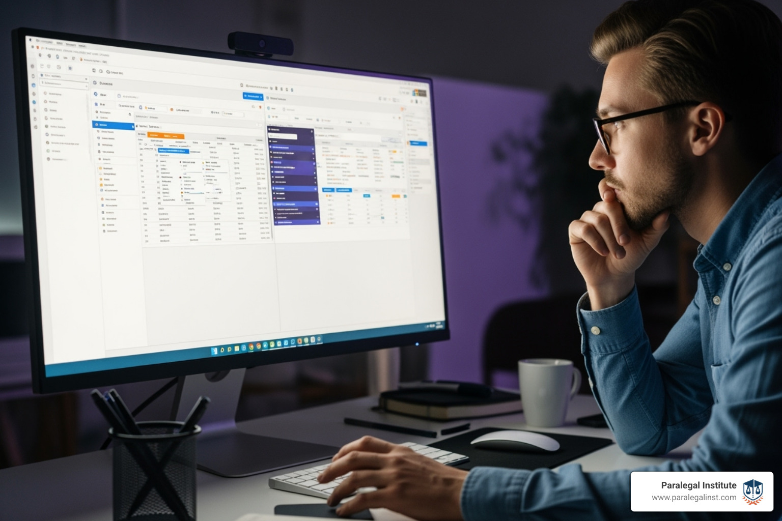 person thoughtfully comparing different software features on a screen - paralegal automation