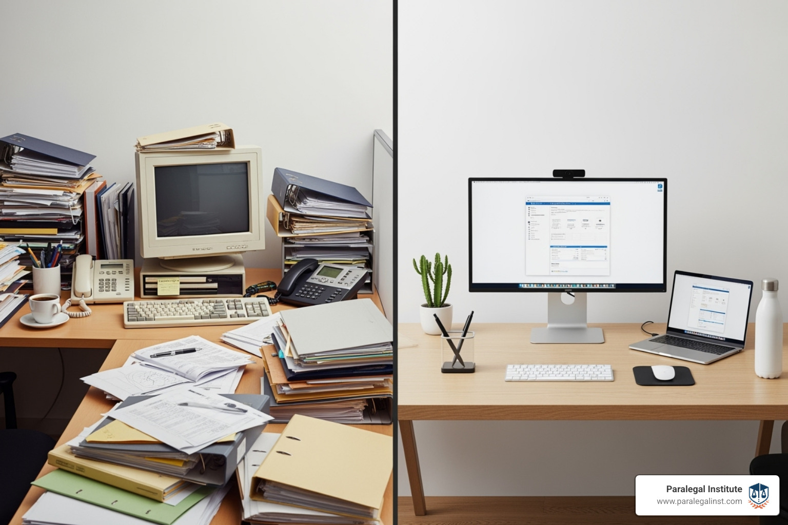 side-by-side comparison showing a traditional paper-filled desk versus a streamlined digital workflow - paralegal automation