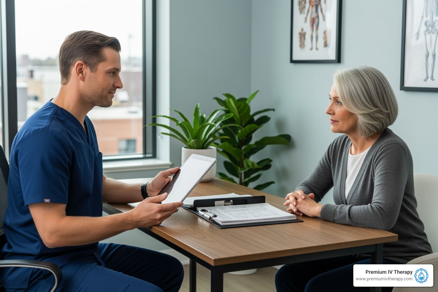 Clinician consulting with a patient - iv drip to lose weight