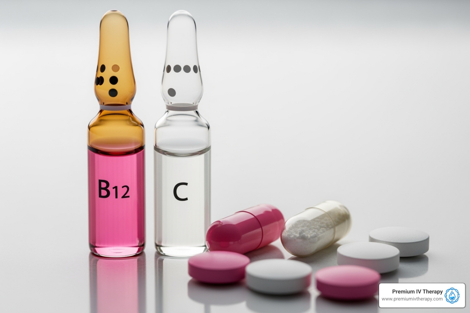 Close-up of common vitamins like B12 and Vitamin C - iv drip to lose weight