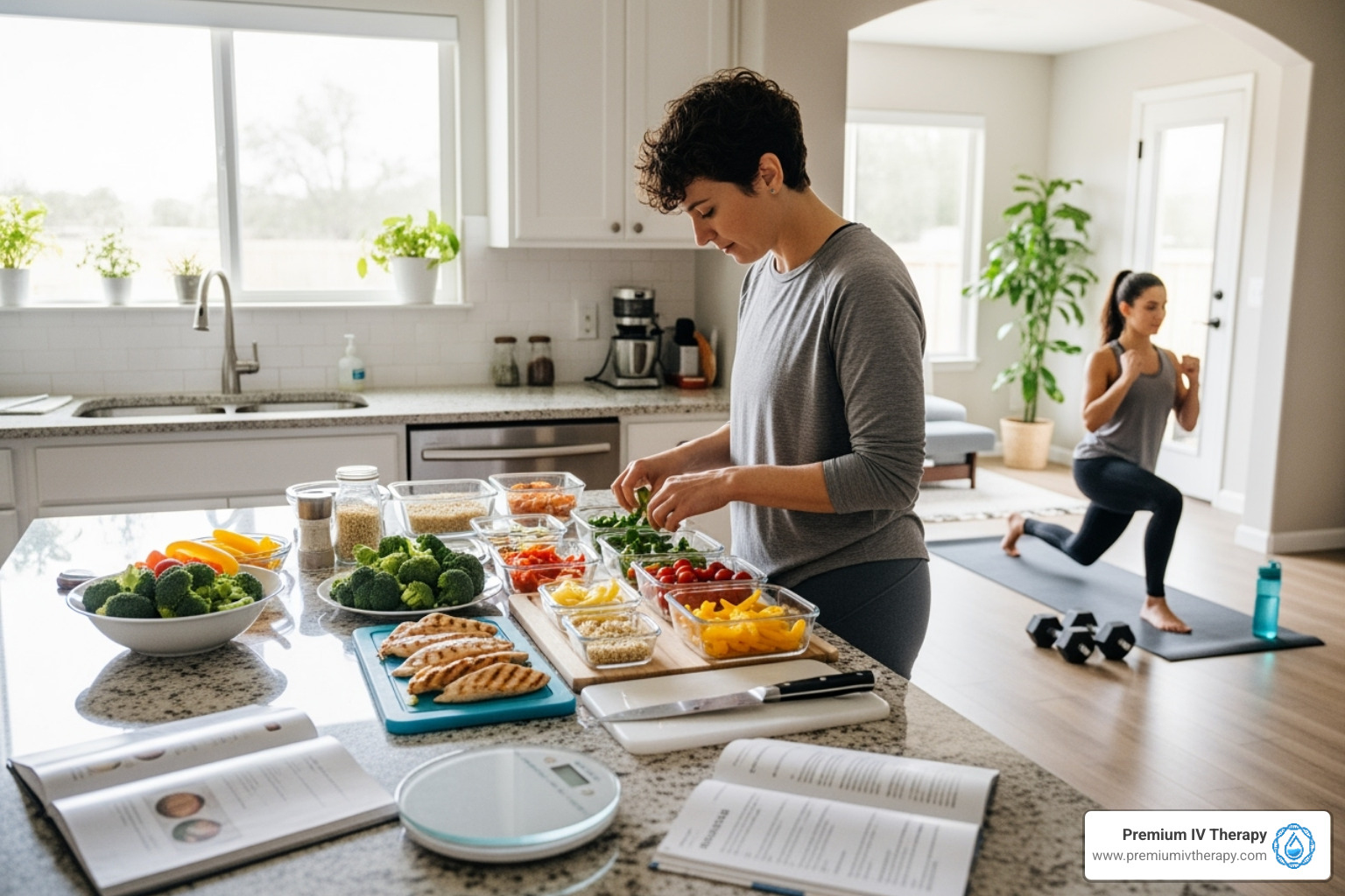 Person meal-prepping healthy food alongside someone exercising - iv drip to lose weight