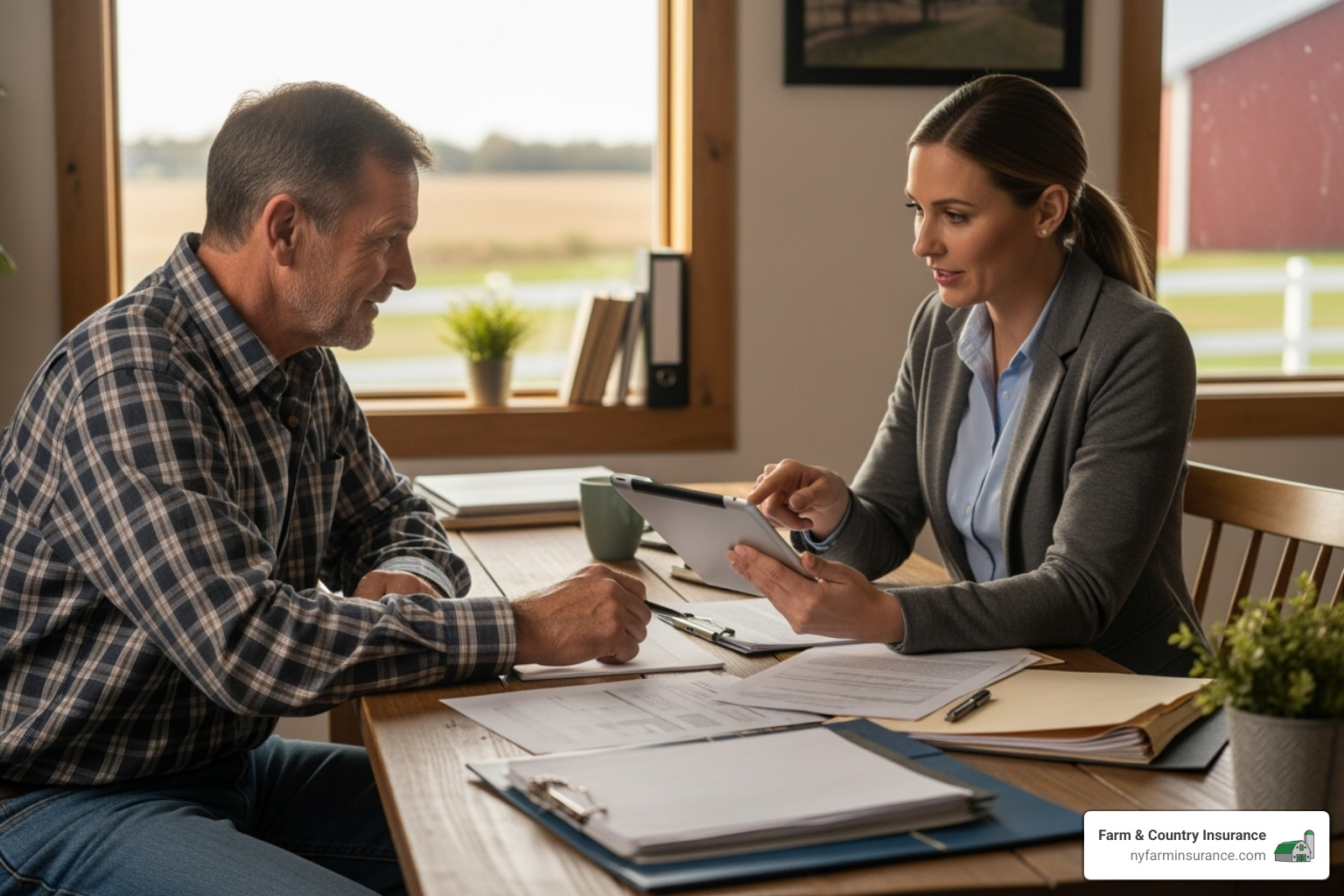 A farmer consulting with an agent - insurance for farm business A farmer consulting with an agent - insurance for farm business