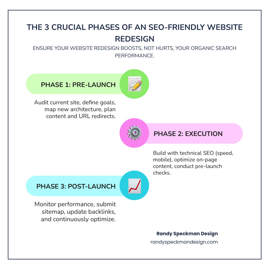 Infographic detailing the three crucial phases of an SEO-friendly website redesign: Pre-Launch (auditing, planning, strategy), Execution (technical build, content optimization, pre-launch checks), and Post-Launch (monitoring, ongoing optimization, backlink management) - seo friendly website redesign infographic infographic-line-3-steps-colors
