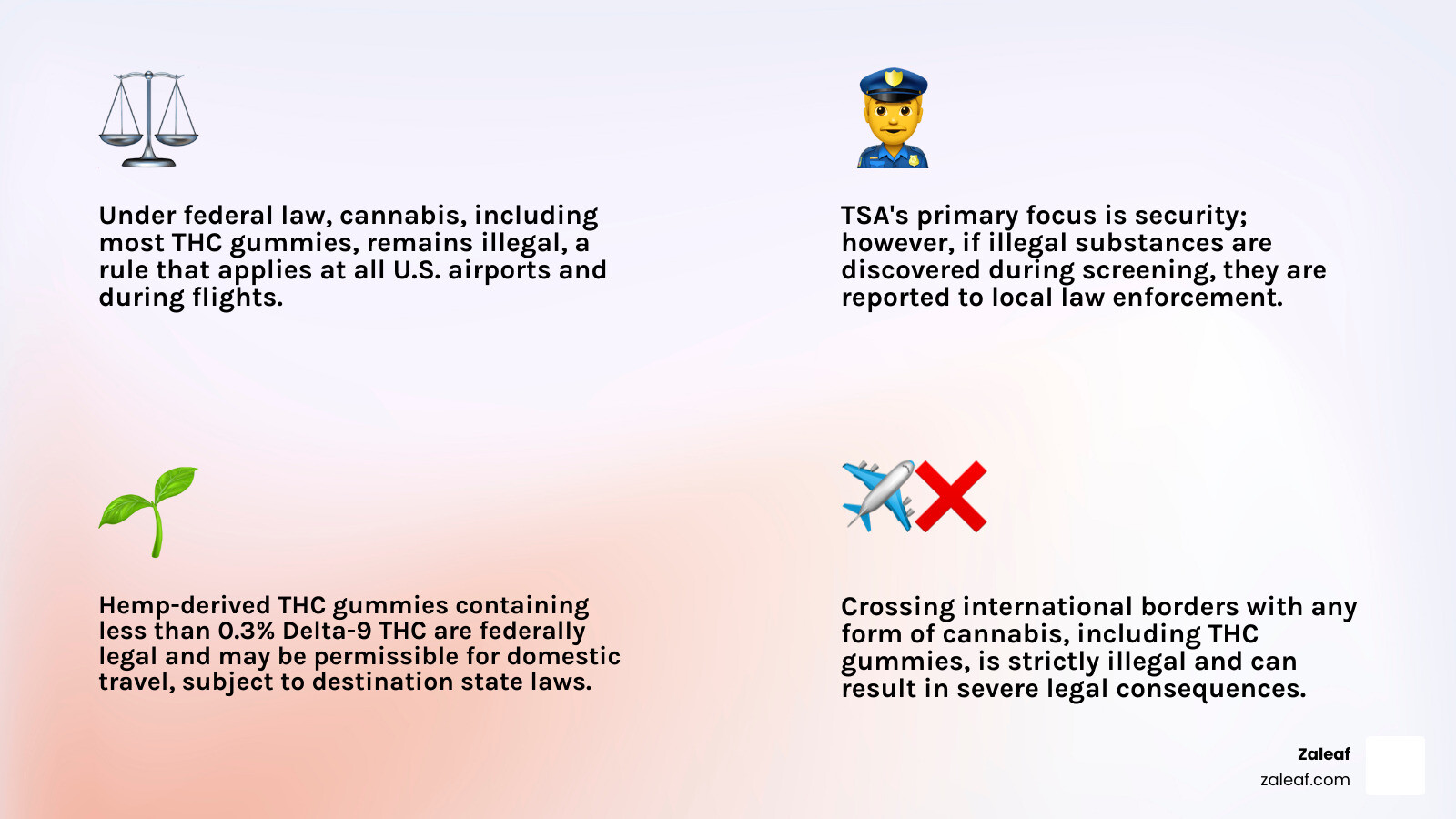 Infographic explaining federal vs state law and TSA rules for flying with THC gummies - can you fly with thc gummies 2024 infographic 4_facts_emoji_light-gradient