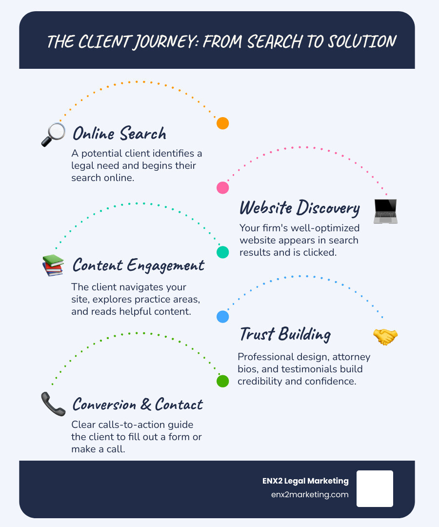 Infographic showing the client journey from initial online search for legal services, through website visit, engagement with content, and finally converting into a lead by contacting the law firm. - web development for lawyers infographic infographic-line-5-steps-blues-accent_colors