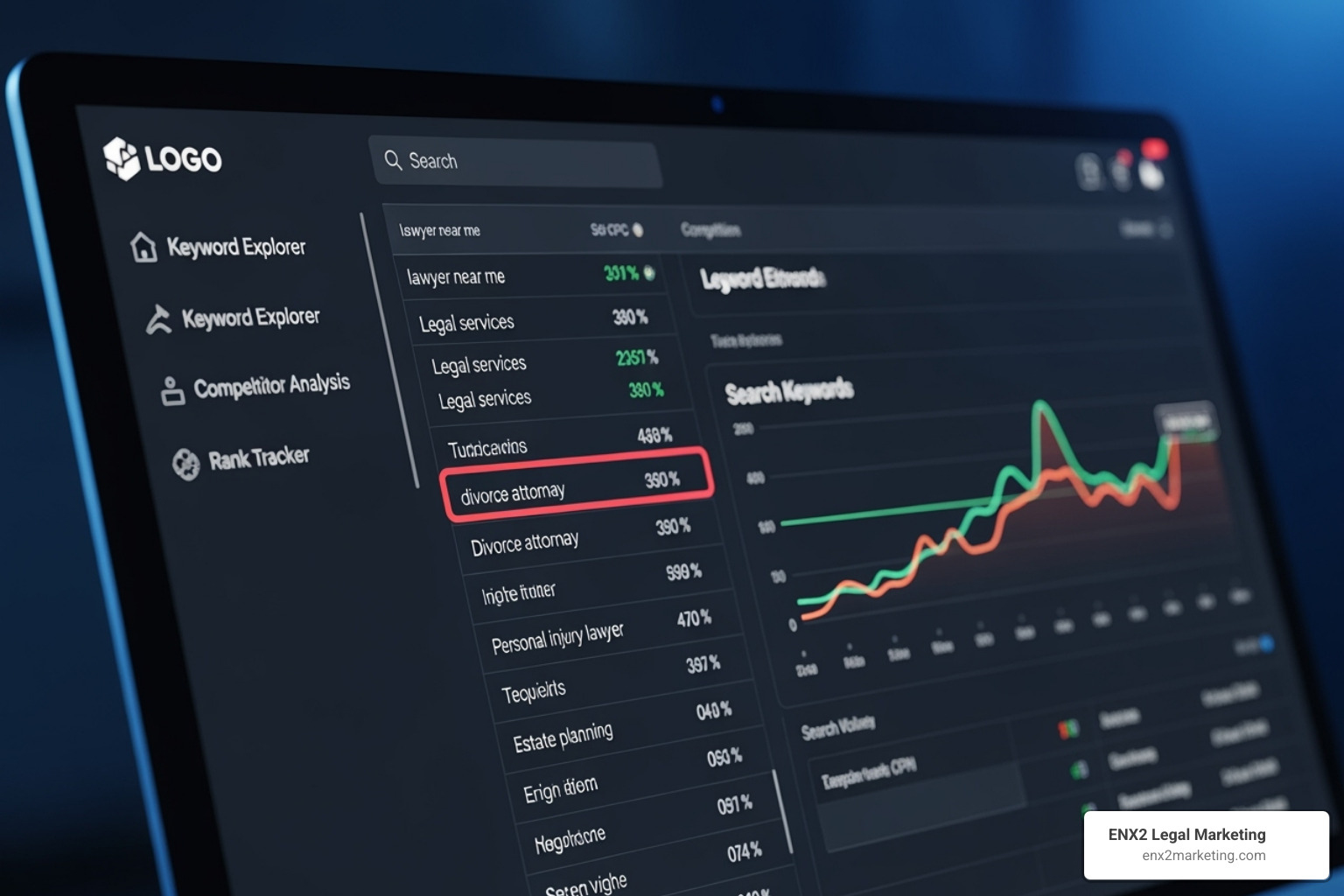 Keyword research tool interface showing legal-related terms - web development for lawyers