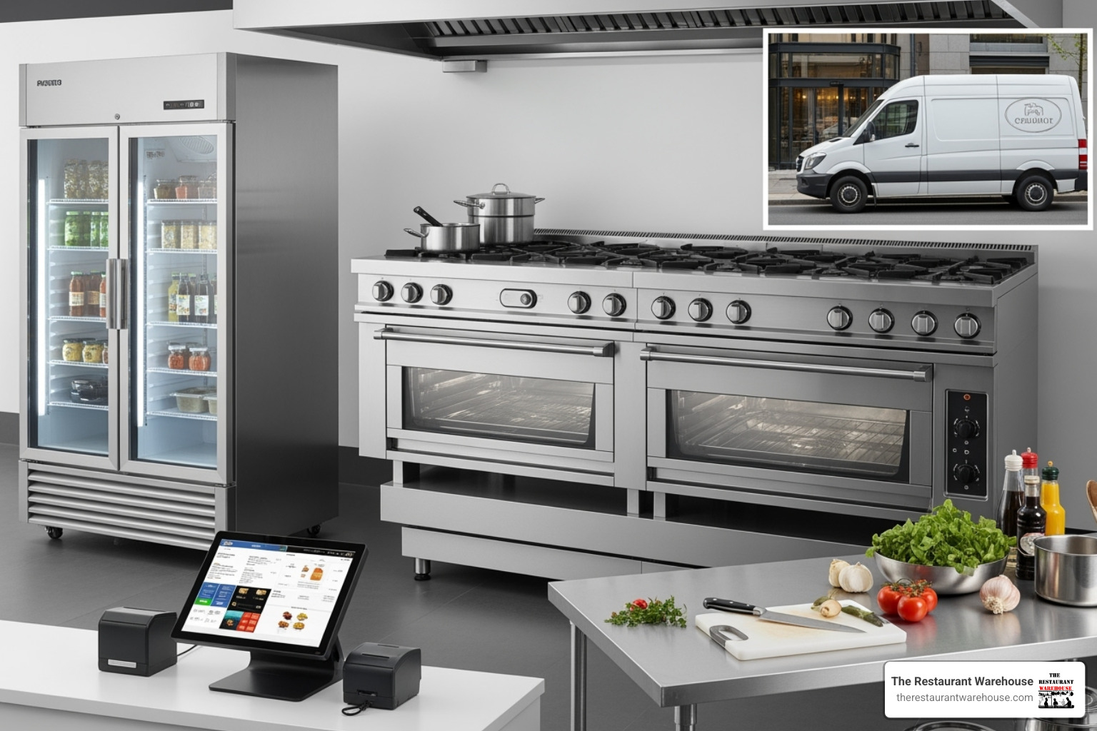 A collage of various types of food equipment including a cooking range, a refrigerator, a POS system, kitchen prep tables, and a delivery vehicle - food equipment financing