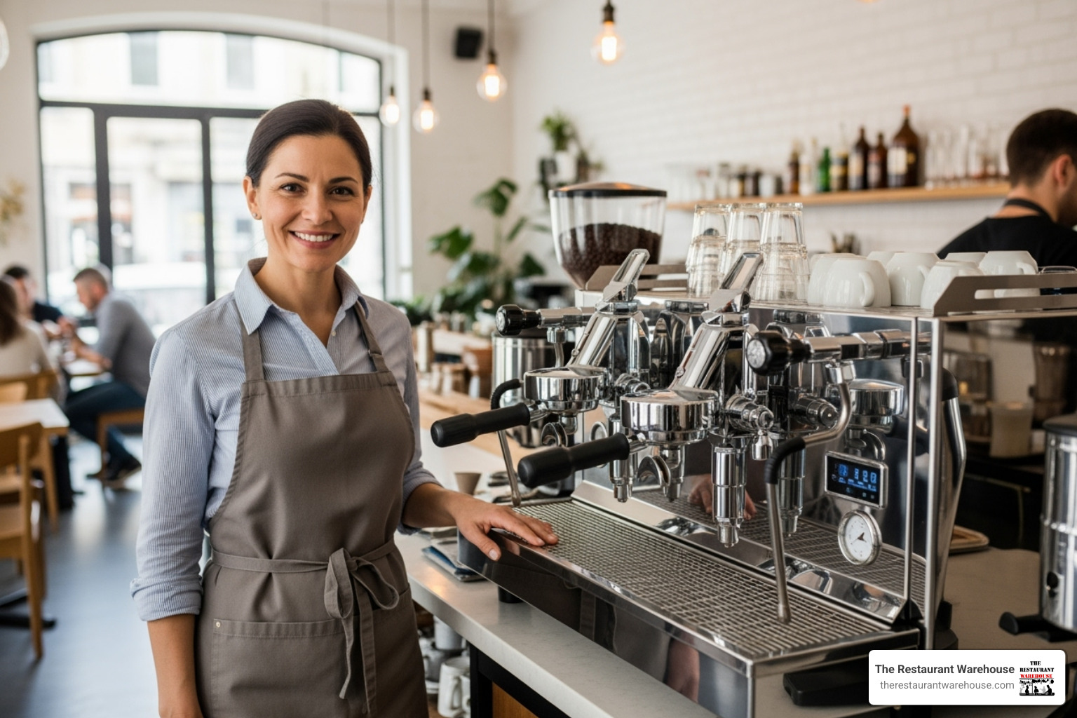 A restaurant owner smiling while looking proudly at a new, shiny espresso machine in their cafe - food equipment financing