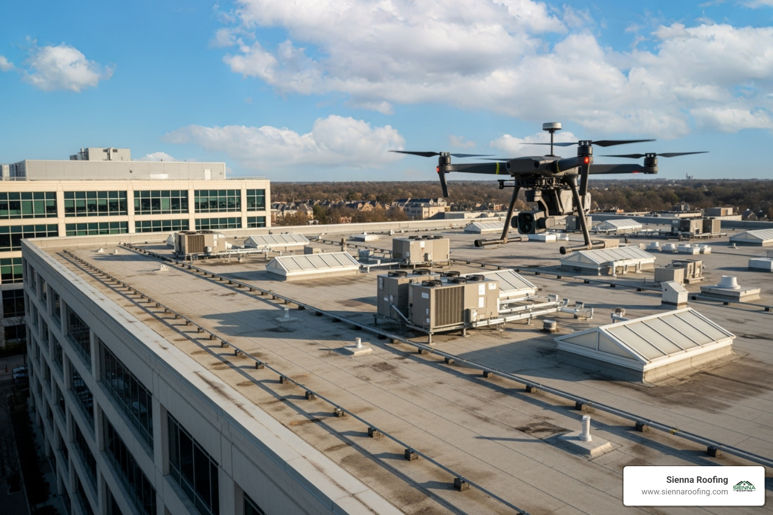 Drone inspecting a large commercial roof - commercial roof repairs near me