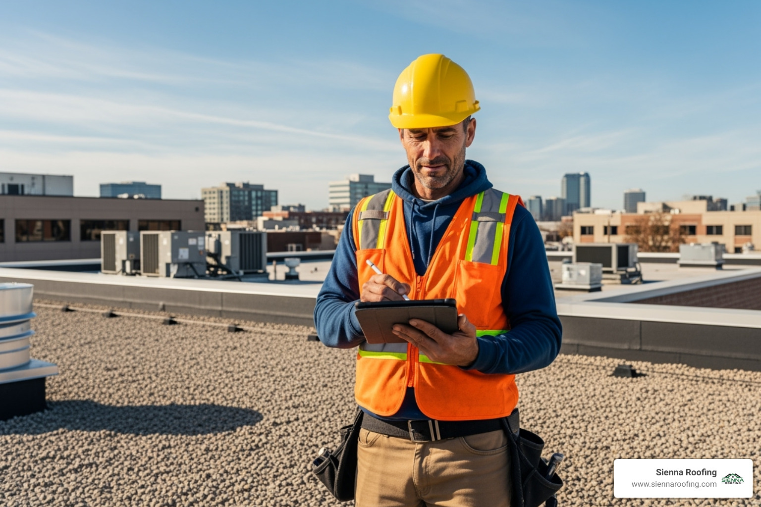 Contractor writing up a roof repair estimate - commercial roof repairs near me