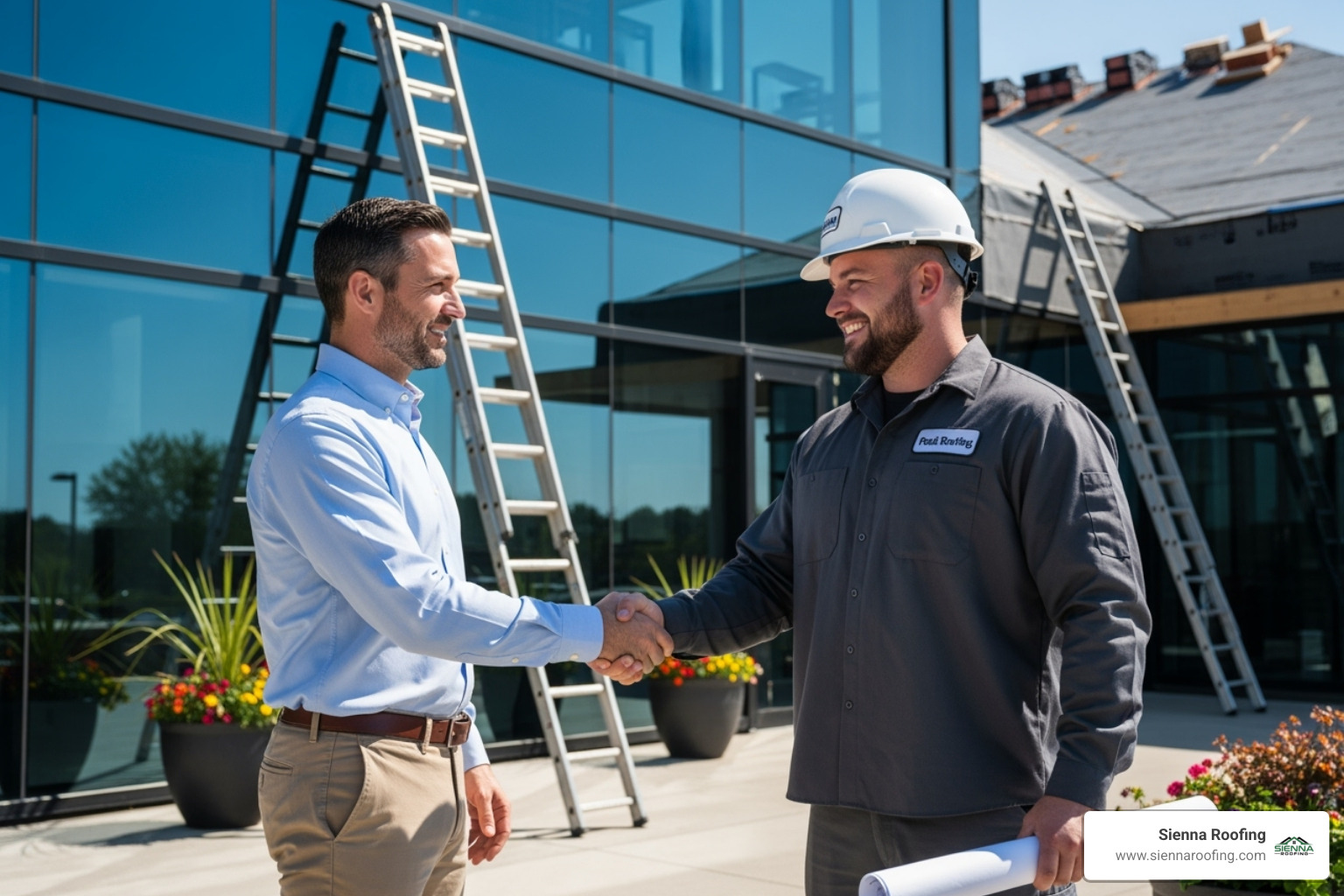Business owner shaking hands with a uniformed roofing contractor - commercial roof repairs near me