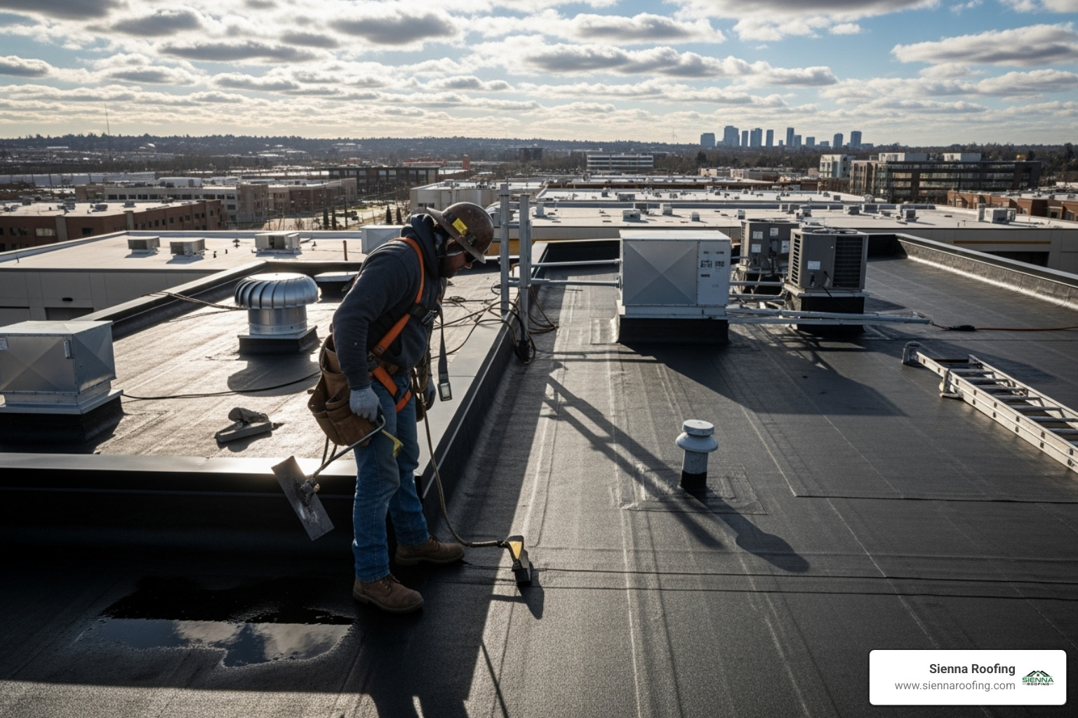 Roofer inspecting a flat commercial roof - commercial roof repairs near me