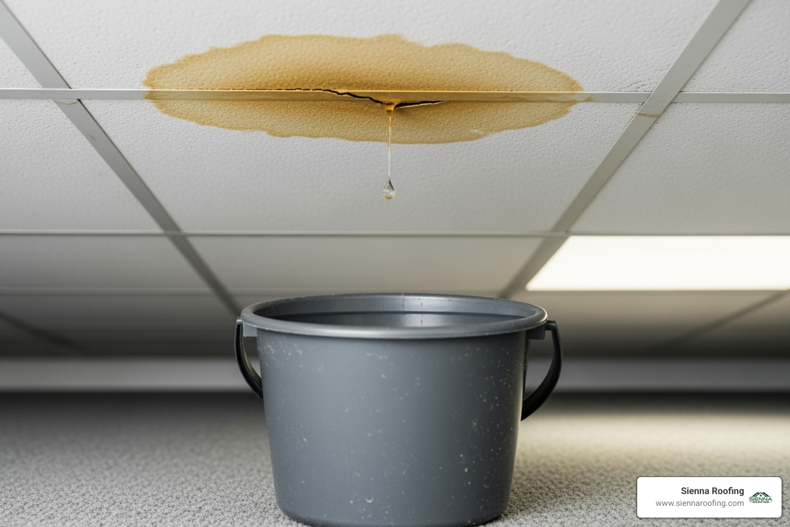 Water damage on an office ceiling below a leak - commercial roof repairs near me