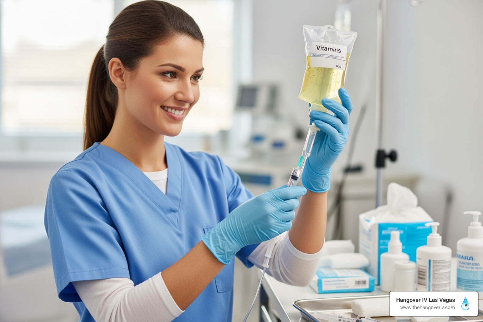 of a friendly nurse preparing an IV bag with vitamins - mobile iv therapy las vegas