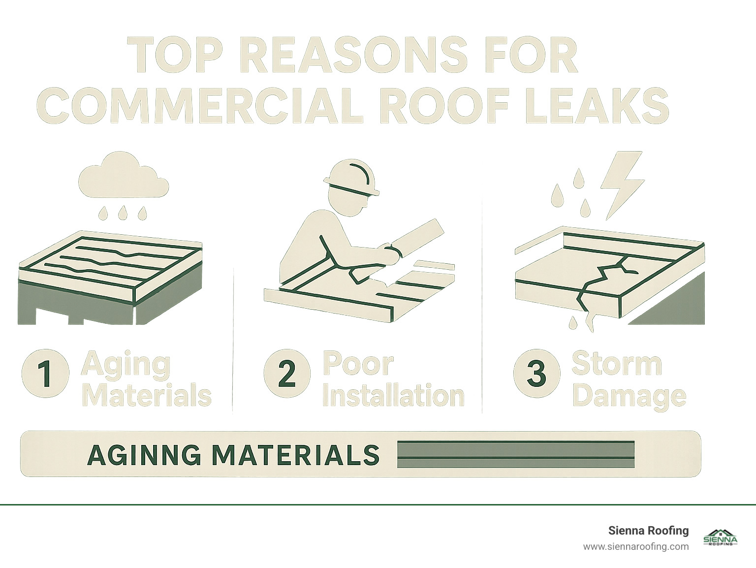 Infographic detailing the top 3 reasons for commercial roof leaks: aging materials, poor installation, and storm damage - commercial roof repairs near me infographic 