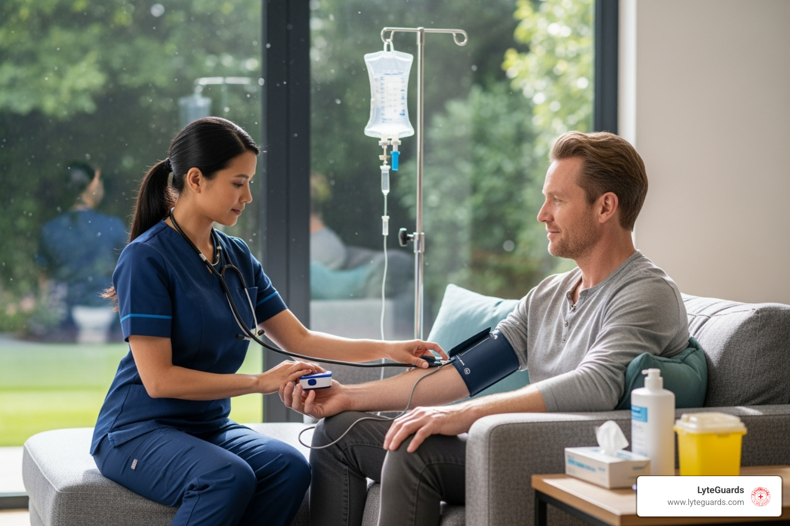 LyteGuards nurse checking a patient's vitals before starting an IV drip - home IV hydration services