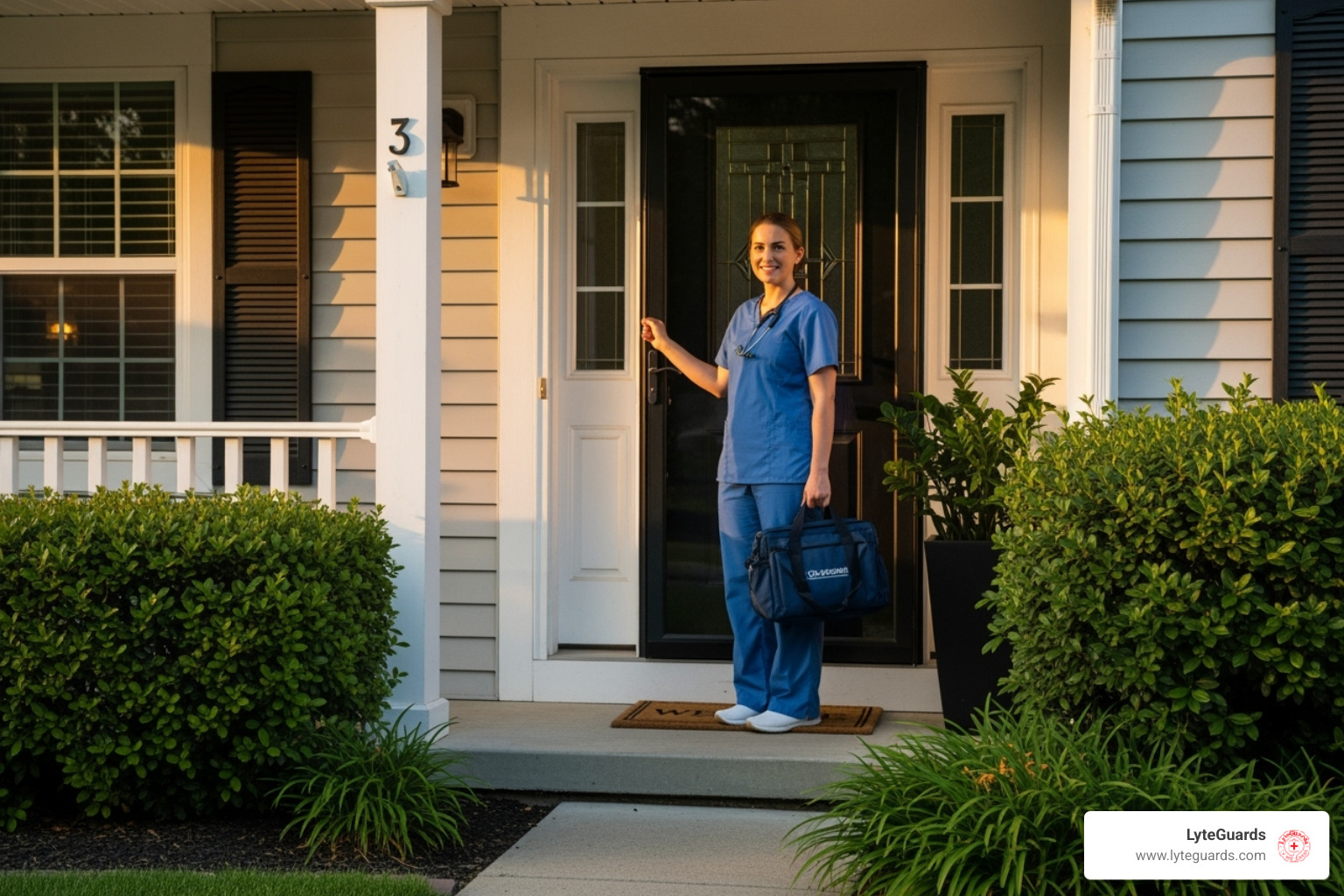 LyteGuards nurse arriving at a client's door with a branded medical bag - home IV hydration services